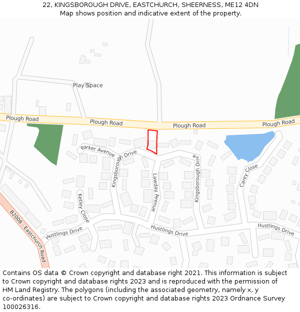 22, KINGSBOROUGH DRIVE, EASTCHURCH, SHEERNESS, ME12 4DN: Location map and indicative extent of plot