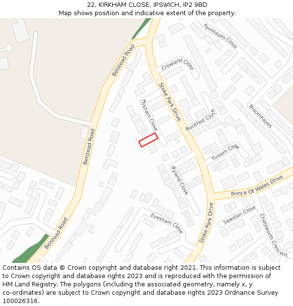 22, KIRKHAM CLOSE, IPSWICH, IP2 9BD: Location map and indicative extent of plot