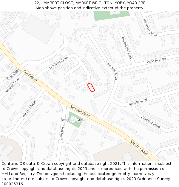 22, LAMBERT CLOSE, MARKET WEIGHTON, YORK, YO43 3BE: Location map and indicative extent of plot