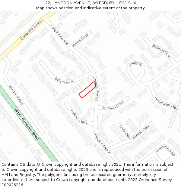 22, LANGDON AVENUE, AYLESBURY, HP21 9UX: Location map and indicative extent of plot