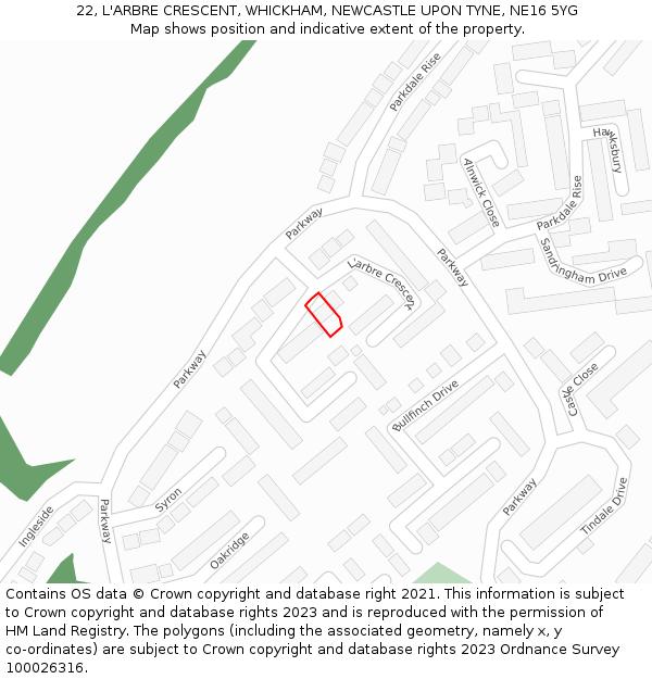 22, L'ARBRE CRESCENT, WHICKHAM, NEWCASTLE UPON TYNE, NE16 5YG: Location map and indicative extent of plot