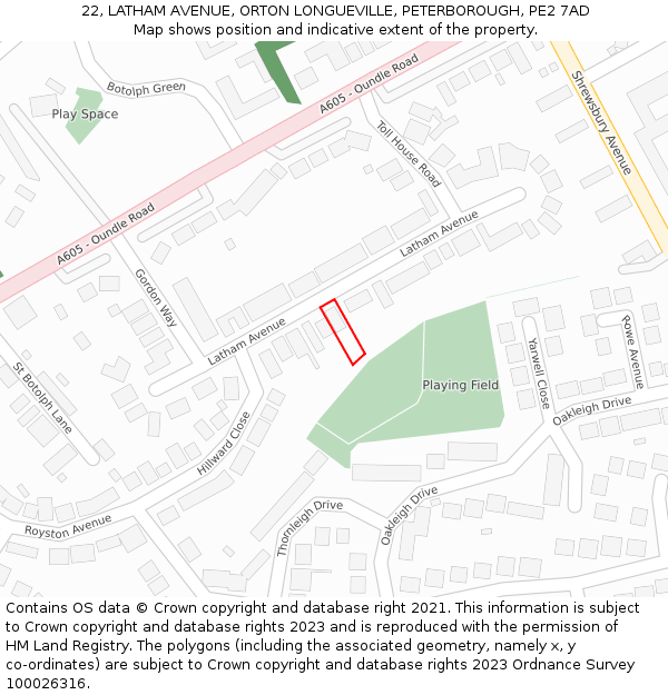 22, LATHAM AVENUE, ORTON LONGUEVILLE, PETERBOROUGH, PE2 7AD: Location map and indicative extent of plot