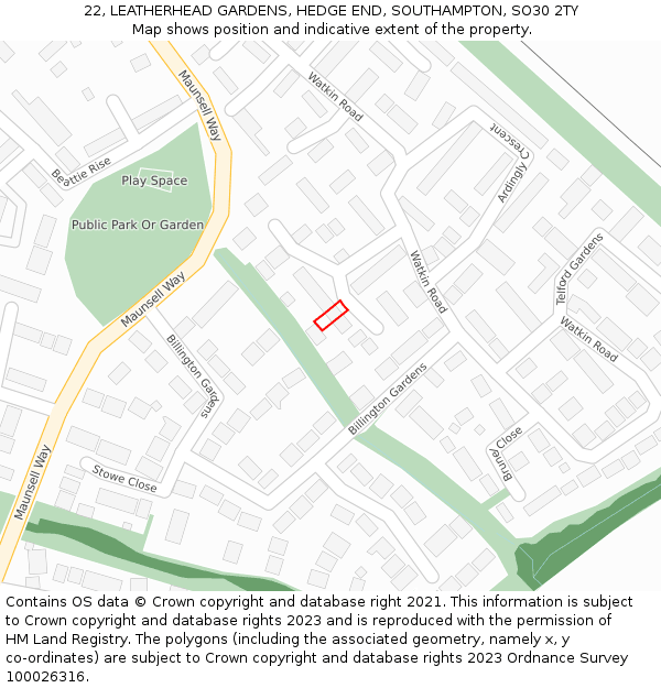 22, LEATHERHEAD GARDENS, HEDGE END, SOUTHAMPTON, SO30 2TY: Location map and indicative extent of plot