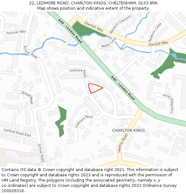 22, LEDMORE ROAD, CHARLTON KINGS, CHELTENHAM, GL53 8RA: Location map and indicative extent of plot