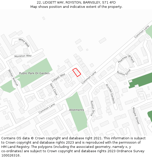 22, LIDGETT WAY, ROYSTON, BARNSLEY, S71 4FD: Location map and indicative extent of plot