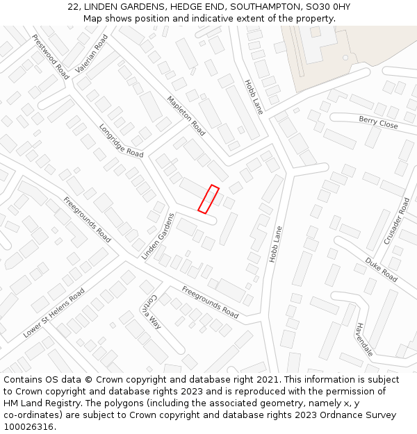 22, LINDEN GARDENS, HEDGE END, SOUTHAMPTON, SO30 0HY: Location map and indicative extent of plot