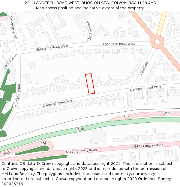 22, LLANNERCH ROAD WEST, RHOS ON SEA, COLWYN BAY, LL28 4AS: Location map and indicative extent of plot