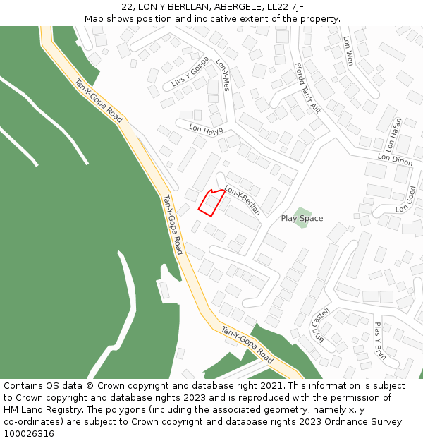 22, LON Y BERLLAN, ABERGELE, LL22 7JF: Location map and indicative extent of plot