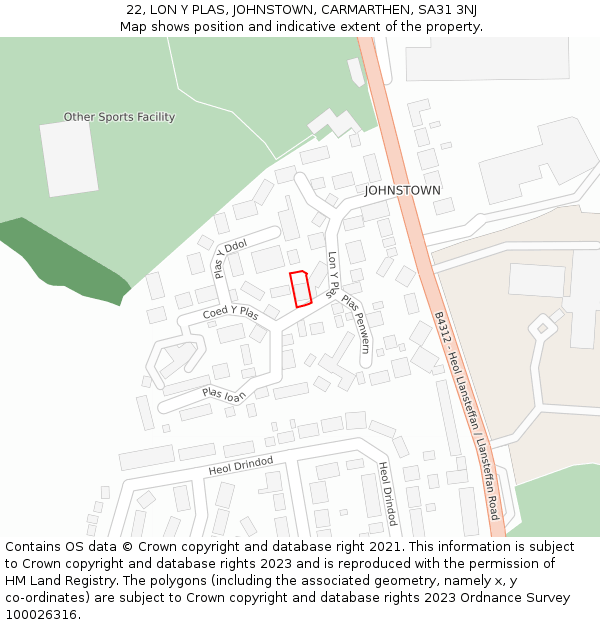 22, LON Y PLAS, JOHNSTOWN, CARMARTHEN, SA31 3NJ: Location map and indicative extent of plot