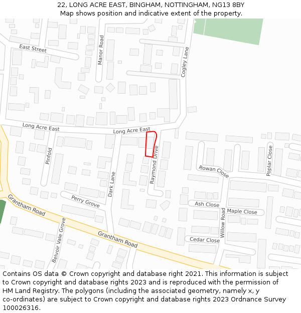 22, LONG ACRE EAST, BINGHAM, NOTTINGHAM, NG13 8BY: Location map and indicative extent of plot