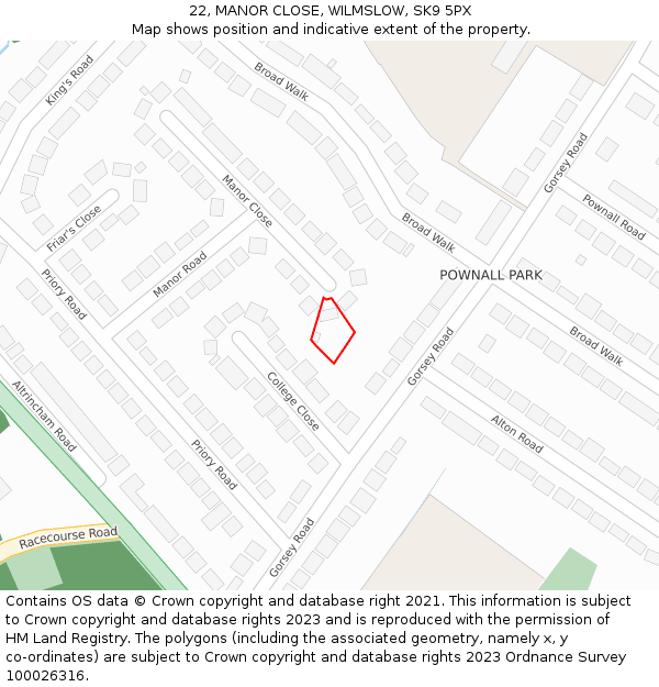 22, MANOR CLOSE, WILMSLOW, SK9 5PX: Location map and indicative extent of plot