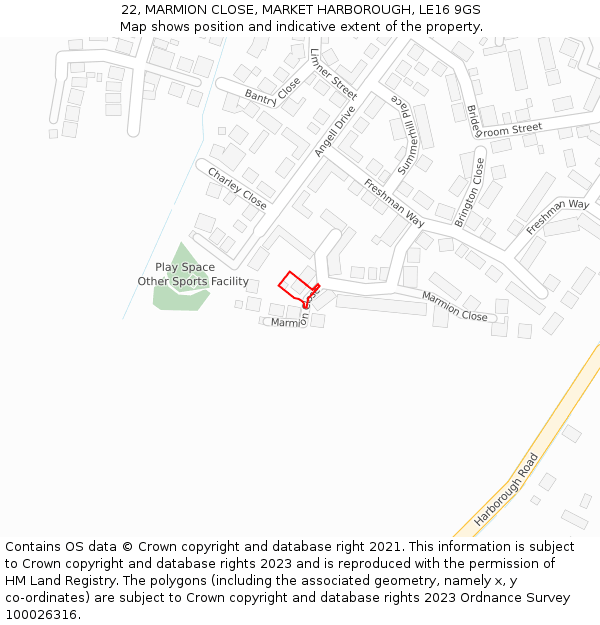 22, MARMION CLOSE, MARKET HARBOROUGH, LE16 9GS: Location map and indicative extent of plot