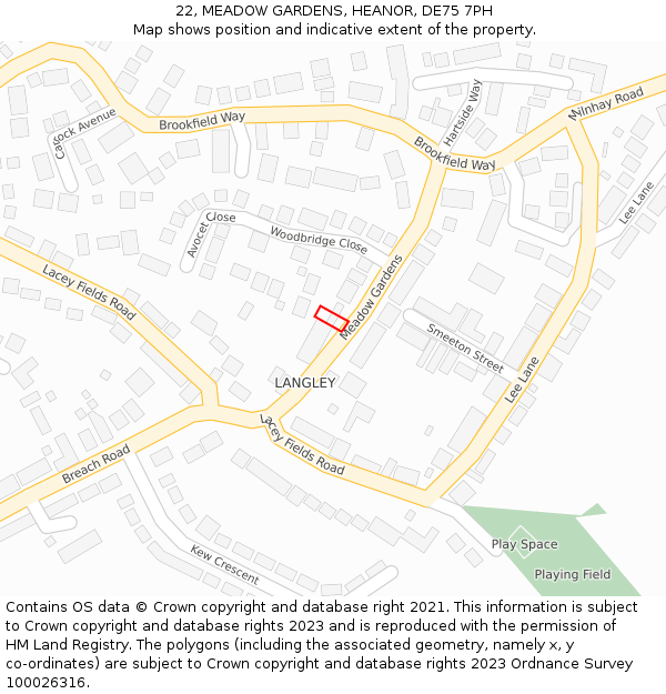 22, MEADOW GARDENS, HEANOR, DE75 7PH: Location map and indicative extent of plot