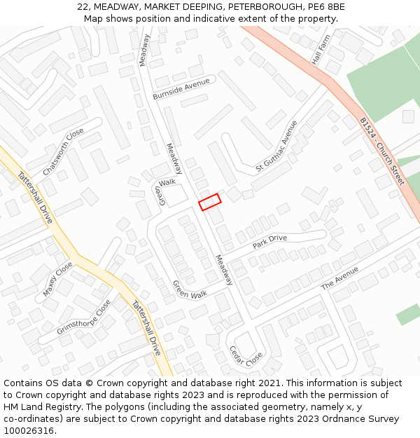 22, MEADWAY, MARKET DEEPING, PETERBOROUGH, PE6 8BE: Location map and indicative extent of plot