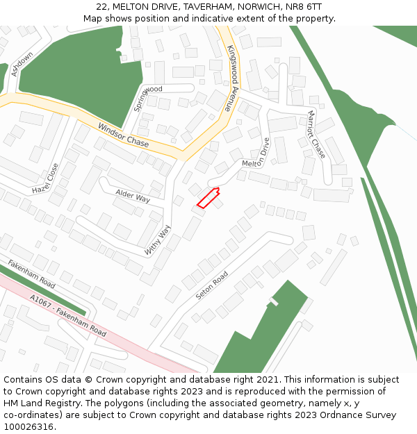 22, MELTON DRIVE, TAVERHAM, NORWICH, NR8 6TT: Location map and indicative extent of plot