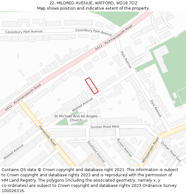 22, MILDRED AVENUE, WATFORD, WD18 7DZ: Location map and indicative extent of plot