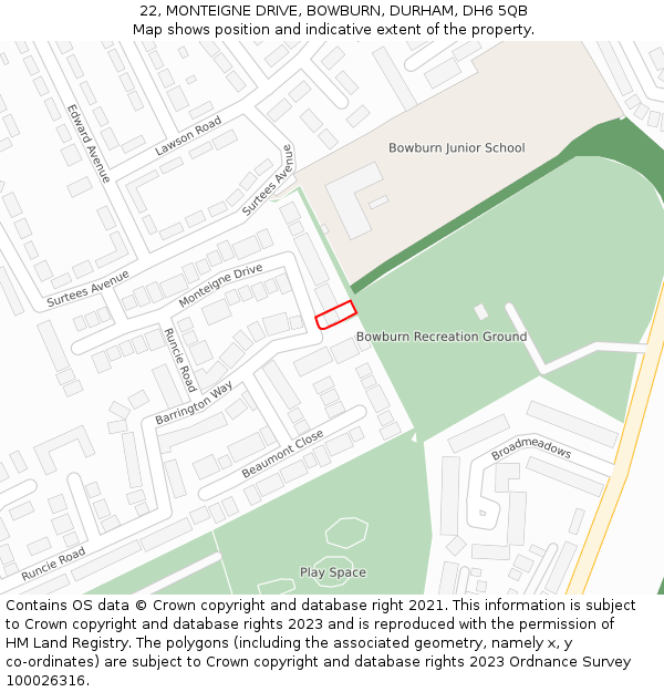 22, MONTEIGNE DRIVE, BOWBURN, DURHAM, DH6 5QB: Location map and indicative extent of plot