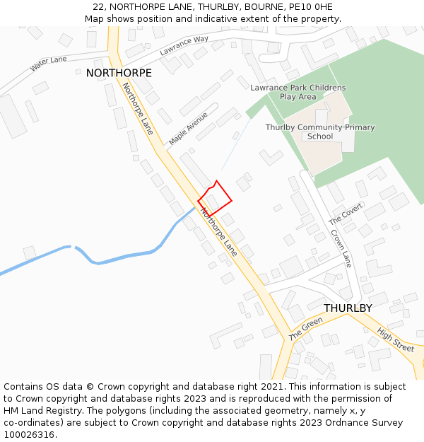 22, NORTHORPE LANE, THURLBY, BOURNE, PE10 0HE: Location map and indicative extent of plot