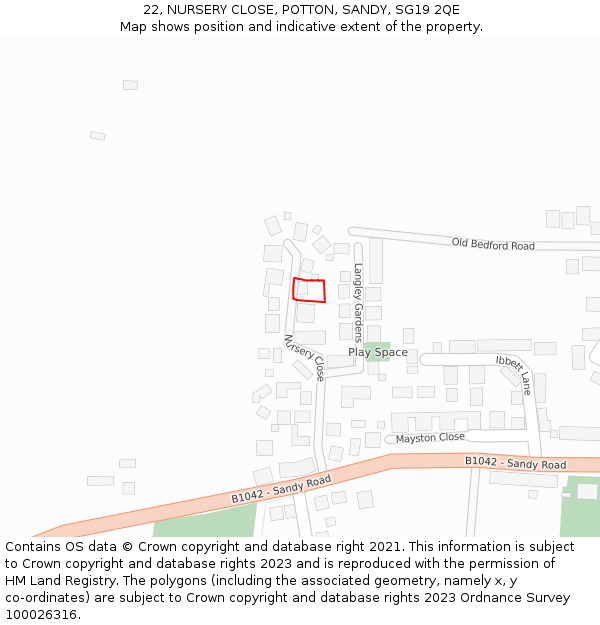 22, NURSERY CLOSE, POTTON, SANDY, SG19 2QE: Location map and indicative extent of plot