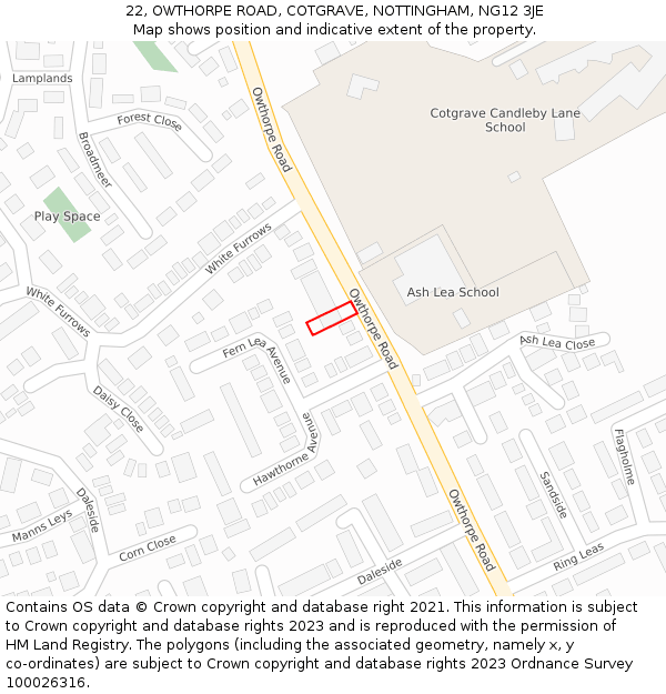 22, OWTHORPE ROAD, COTGRAVE, NOTTINGHAM, NG12 3JE: Location map and indicative extent of plot