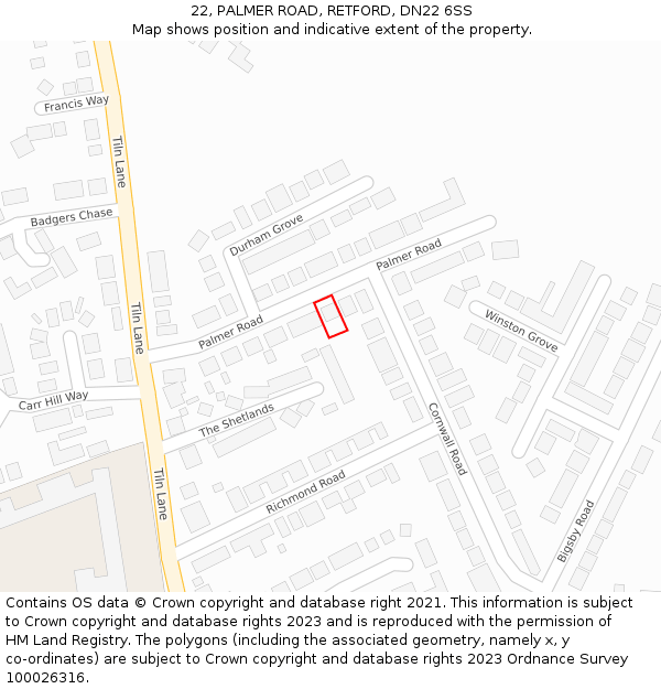 22, PALMER ROAD, RETFORD, DN22 6SS: Location map and indicative extent of plot