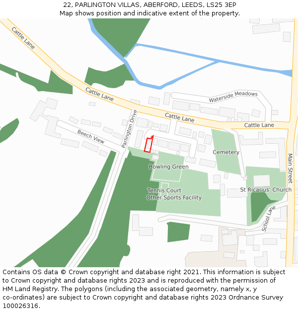 22, PARLINGTON VILLAS, ABERFORD, LEEDS, LS25 3EP: Location map and indicative extent of plot