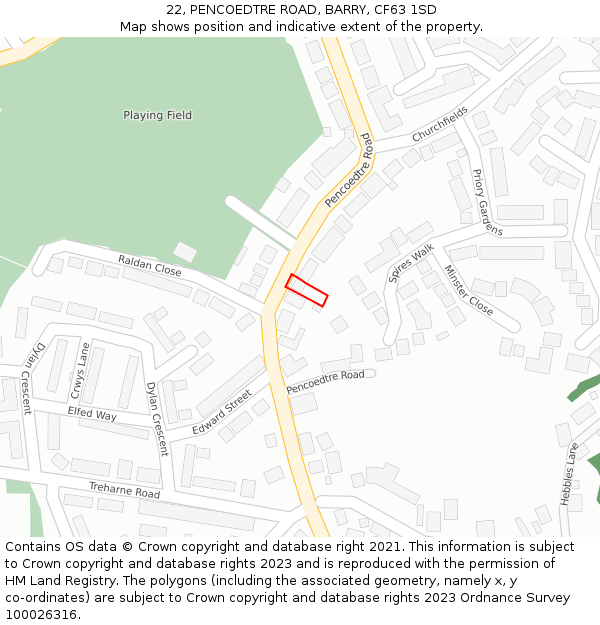 22, PENCOEDTRE ROAD, BARRY, CF63 1SD: Location map and indicative extent of plot