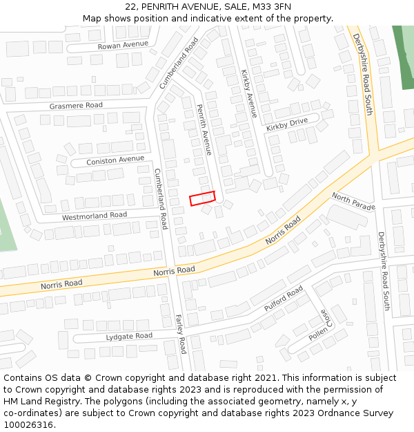 22, PENRITH AVENUE, SALE, M33 3FN: Location map and indicative extent of plot