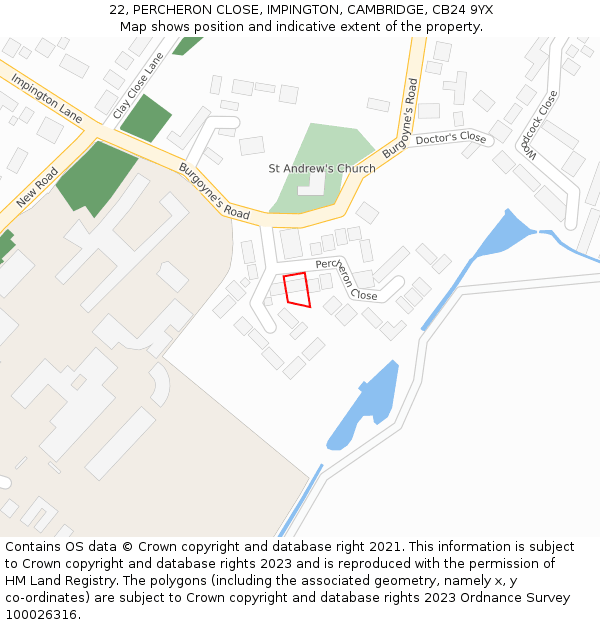 22, PERCHERON CLOSE, IMPINGTON, CAMBRIDGE, CB24 9YX: Location map and indicative extent of plot