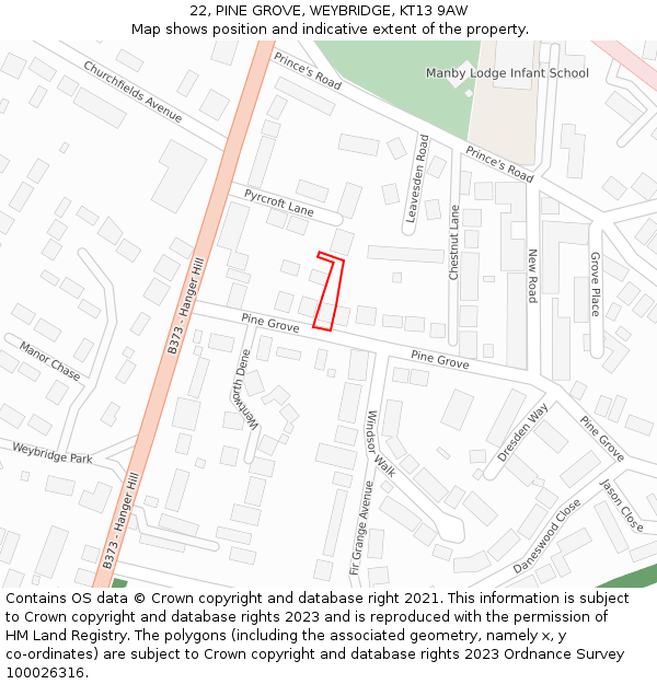 22, PINE GROVE, WEYBRIDGE, KT13 9AW: Location map and indicative extent of plot