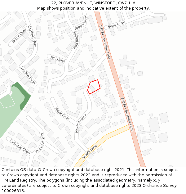 22, PLOVER AVENUE, WINSFORD, CW7 1LA: Location map and indicative extent of plot