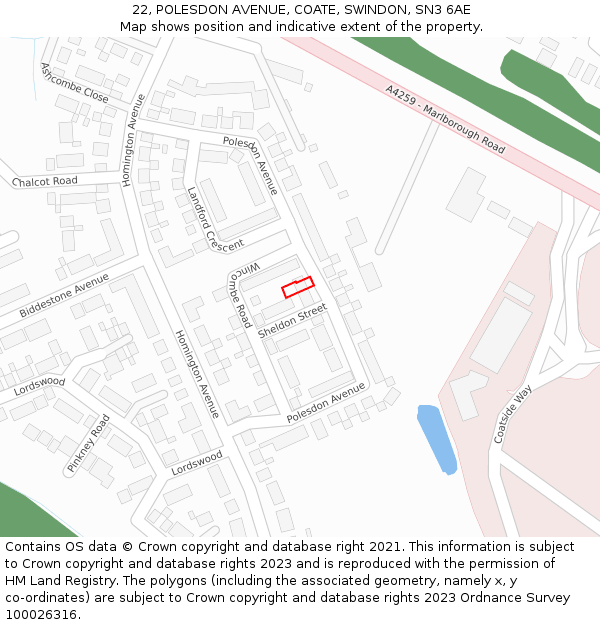 22, POLESDON AVENUE, COATE, SWINDON, SN3 6AE: Location map and indicative extent of plot