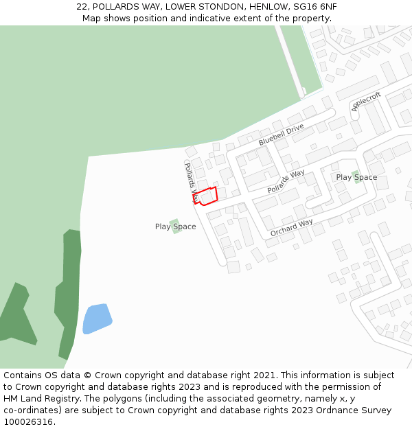 22, POLLARDS WAY, LOWER STONDON, HENLOW, SG16 6NF: Location map and indicative extent of plot