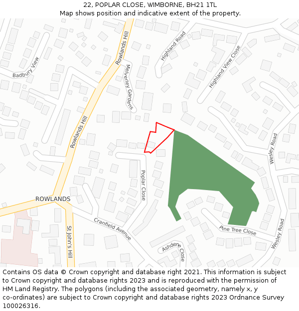 22, POPLAR CLOSE, WIMBORNE, BH21 1TL: Location map and indicative extent of plot