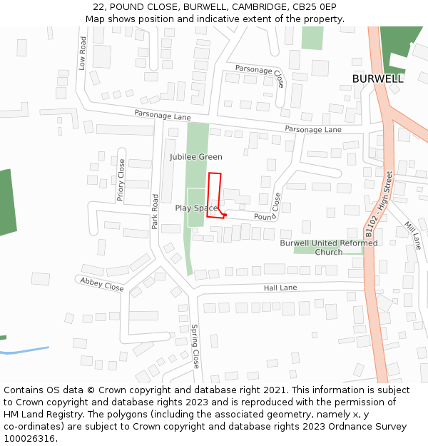 22, POUND CLOSE, BURWELL, CAMBRIDGE, CB25 0EP: Location map and indicative extent of plot