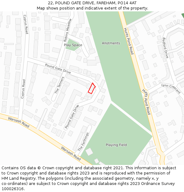 22, POUND GATE DRIVE, FAREHAM, PO14 4AT: Location map and indicative extent of plot