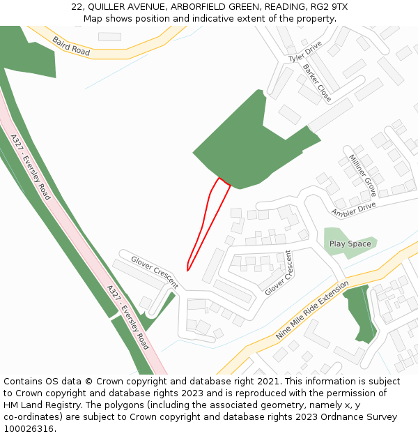 22, QUILLER AVENUE, ARBORFIELD GREEN, READING, RG2 9TX: Location map and indicative extent of plot