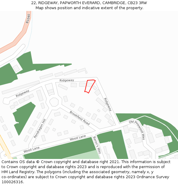 22, RIDGEWAY, PAPWORTH EVERARD, CAMBRIDGE, CB23 3RW: Location map and indicative extent of plot