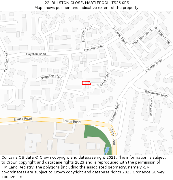 22, RILLSTON CLOSE, HARTLEPOOL, TS26 0PS: Location map and indicative extent of plot