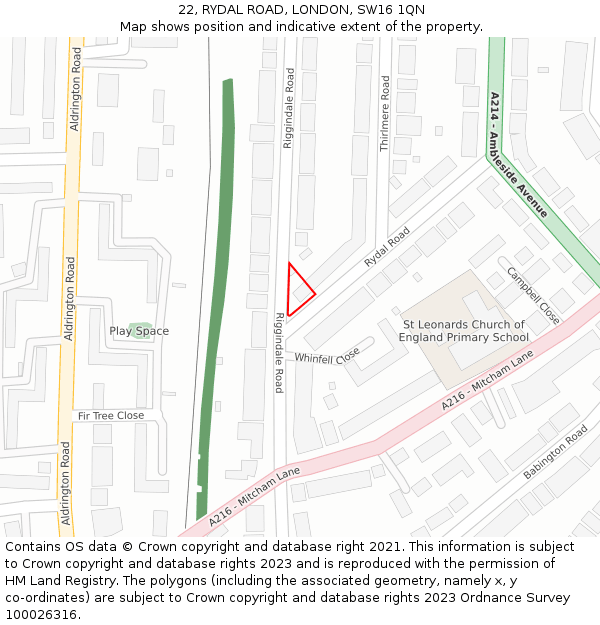 22, RYDAL ROAD, LONDON, SW16 1QN: Location map and indicative extent of plot