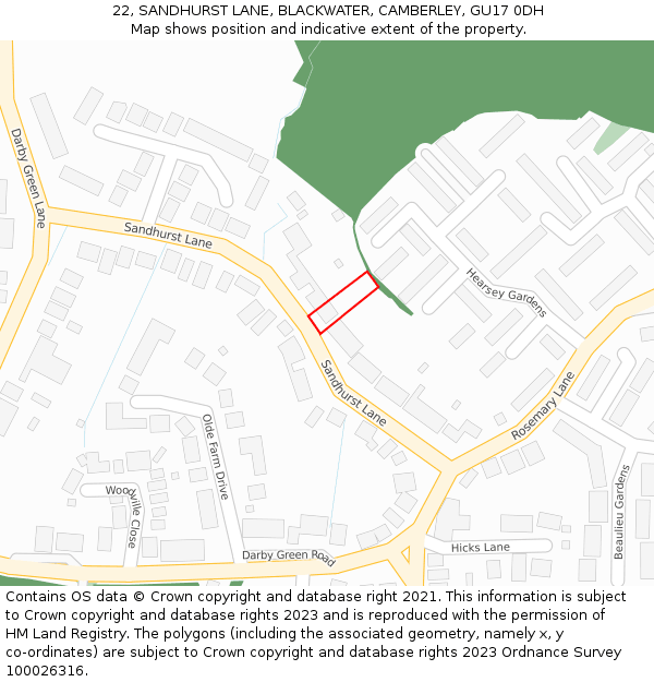 22, SANDHURST LANE, BLACKWATER, CAMBERLEY, GU17 0DH: Location map and indicative extent of plot