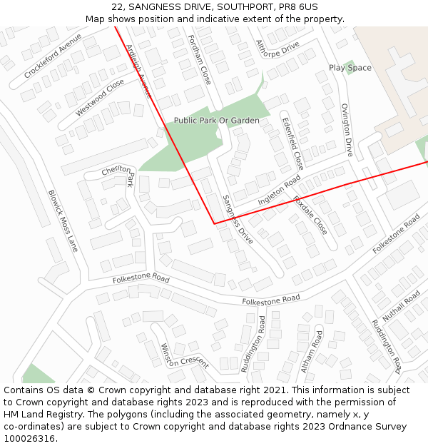 22, SANGNESS DRIVE, SOUTHPORT, PR8 6US: Location map and indicative extent of plot