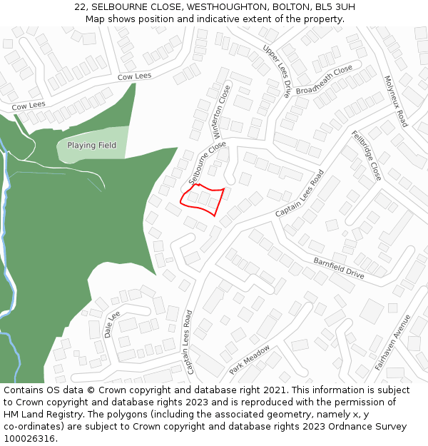 22, SELBOURNE CLOSE, WESTHOUGHTON, BOLTON, BL5 3UH: Location map and indicative extent of plot