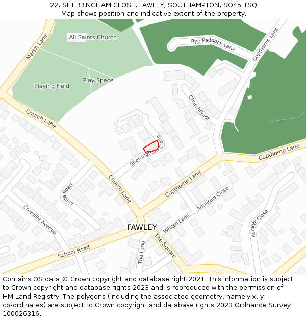 22, SHERRINGHAM CLOSE, FAWLEY, SOUTHAMPTON, SO45 1SQ: Location map and indicative extent of plot