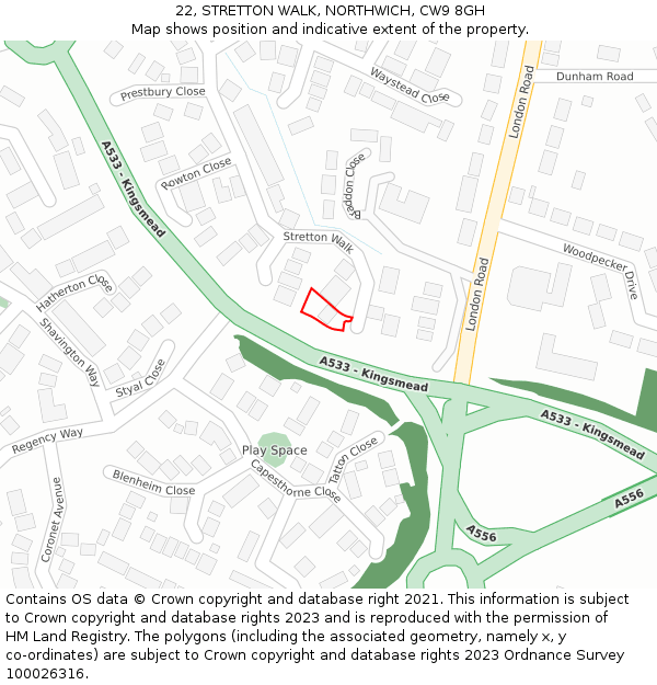 22, STRETTON WALK, NORTHWICH, CW9 8GH: Location map and indicative extent of plot