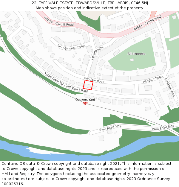 22, TAFF VALE ESTATE, EDWARDSVILLE, TREHARRIS, CF46 5NJ: Location map and indicative extent of plot