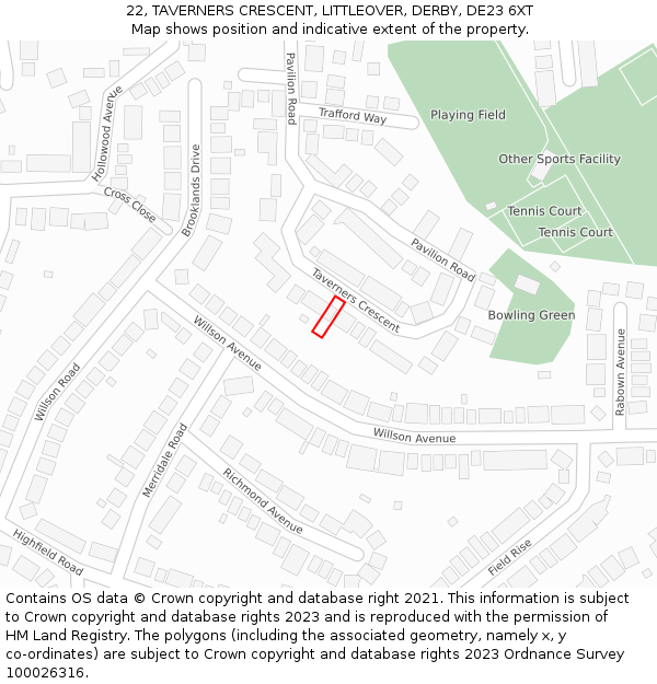 22, TAVERNERS CRESCENT, LITTLEOVER, DERBY, DE23 6XT: Location map and indicative extent of plot