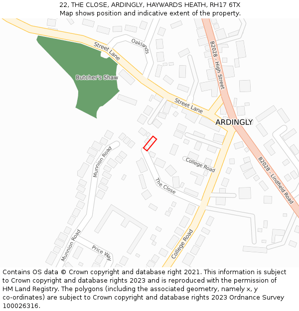 22, THE CLOSE, ARDINGLY, HAYWARDS HEATH, RH17 6TX: Location map and indicative extent of plot