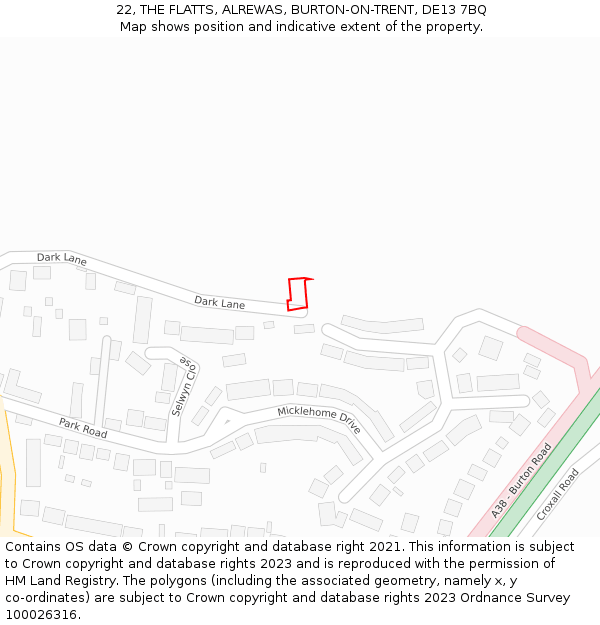 22, THE FLATTS, ALREWAS, BURTON-ON-TRENT, DE13 7BQ: Location map and indicative extent of plot