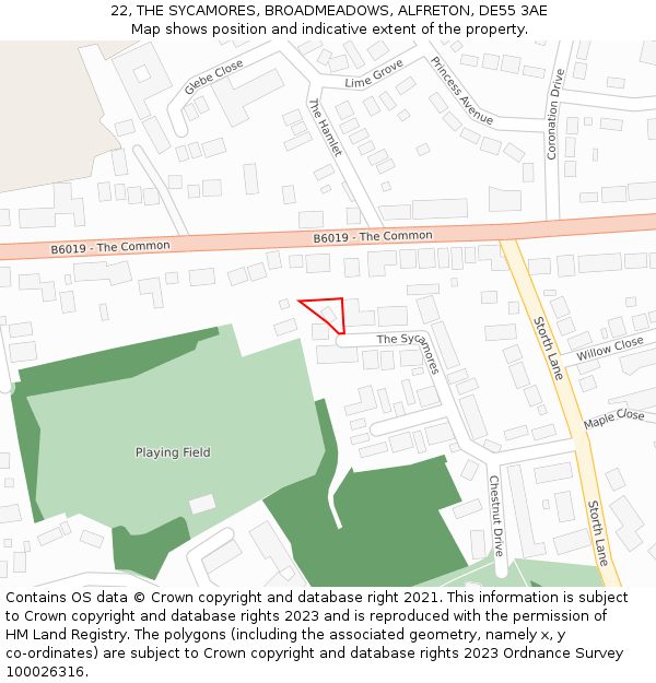 22, THE SYCAMORES, BROADMEADOWS, ALFRETON, DE55 3AE: Location map and indicative extent of plot